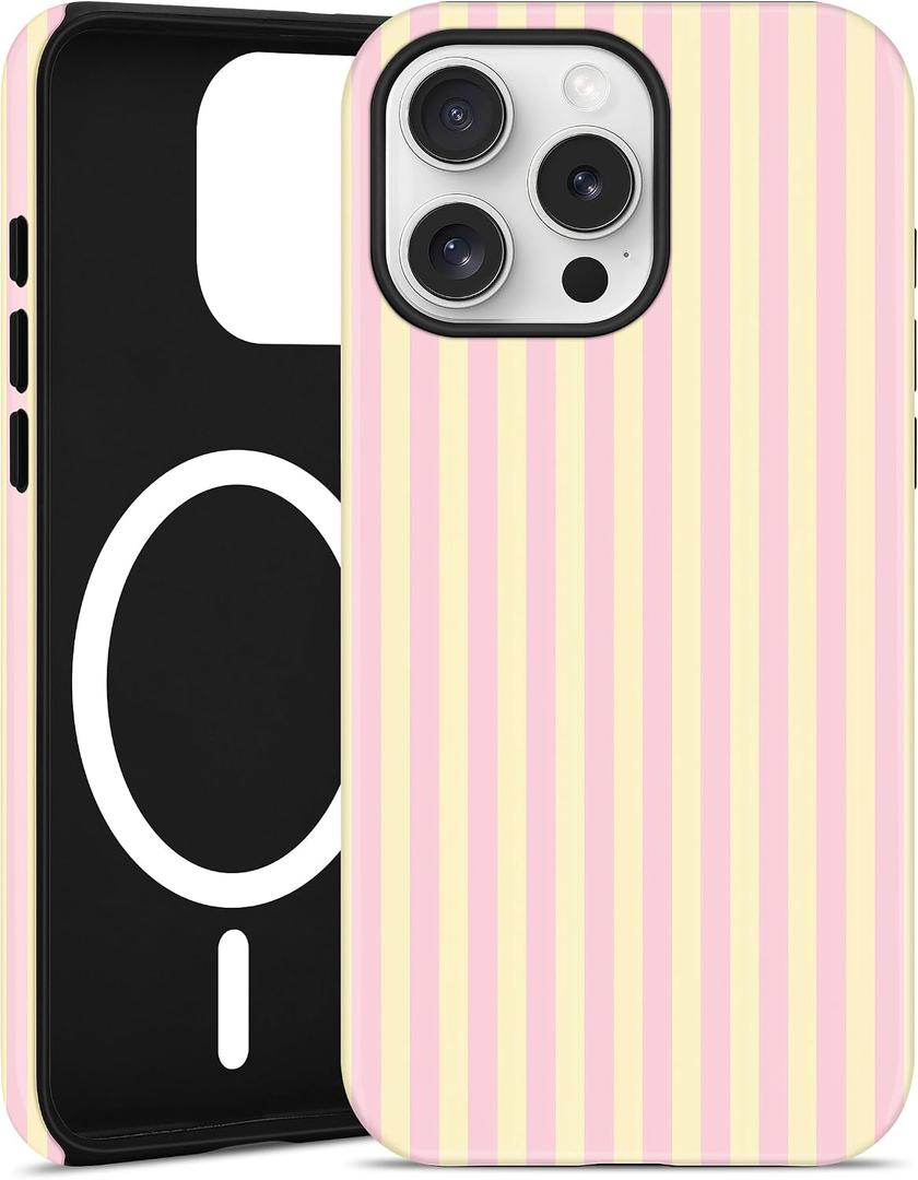 Magnetic Striped Phone Case for iPhone 15 Pro Max, Pink Yellow | Compatible with MagSafe, Cute Stripes Aesthetic Pattern Design, TPU and PC Protective Phone Cover for Women Men Girls Boys