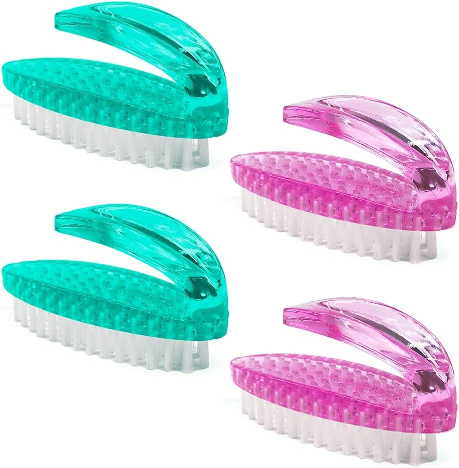 Handle Grip Nail Brush for Cleaning Fingernails Hands & Under Nails, Stiff Bristle Mechanic Scrub Brush Cleaner for Men Women, Pedicure Scrubbing Tool Kit (2 Pink + 2 Green) (4 Packs)