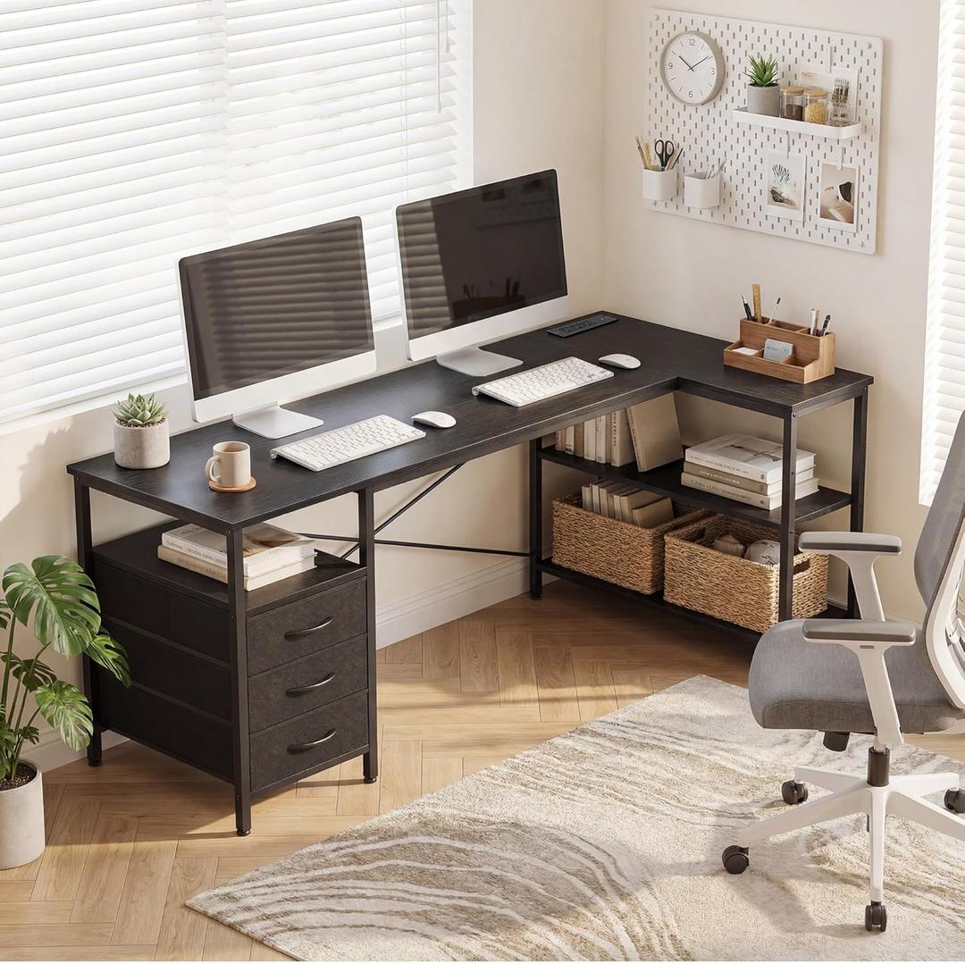 Alpen Computer Desk with Drawers, L Shaped Desk for Bedroom with Power Outlets, Gaming Table with 3 Drawers and Shelves, Corner Desk for Gaming, Study Writing PC Table, 47 Inch, Black