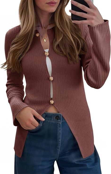 Saodimallsu Womens Ribbed Long Sleeve Sweater Tops Button Up Crewneck Slim Fitted Cardigans Sexy Going Out Knit Shirts