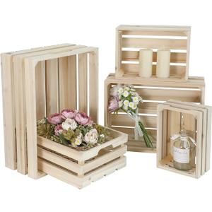 Wooden Crates, Unfinished Set of 5 Large Wood Crates with Handles, Rustic Farmhouse Wooden Crate for Decor, Wedding Birthday Home Party Living Room Kitchen Decoration