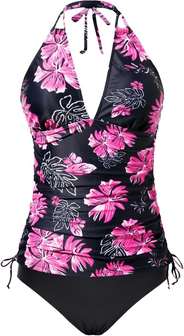 Two Piece Halter Tankini Swimsuits for Women Tummy Control Bathing Suits V Neck Swimwear XL, Pink Floral