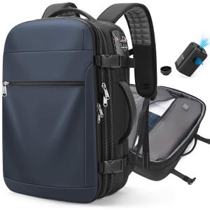 Vacuum Backpack Travel Expandable Compression Carry On Backpack with Vacuum Pump, Water-Resistant TSA Lock Travel Bag, 17" Laptop Backpack for Men Women, Business Airplane Flight Luggage, Navy Blue