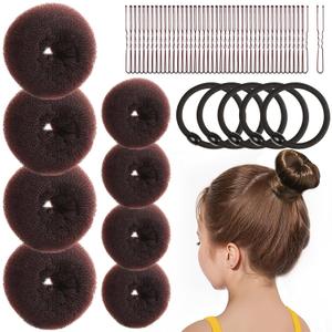 FANDAMEI Hair Bun Maker for Kids, 4PCS Donut Bun Maker Small with 4PCS Extra Small Hair Buns Kit. Ballet Hair Bun Maker for Kids, Hair Bun Set with Elastic Hair Ties, Hair Pins.(Brown)