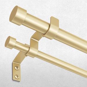 Gold Double Curtain Rod, 36 to 60 Inch Dual Curtain Rods with Aluminium Modern End Cap Finials, 1 Inch Adjustable Heavy Duty Window Treatment Rods, Telescopic Metal Double Drapery Pole Set