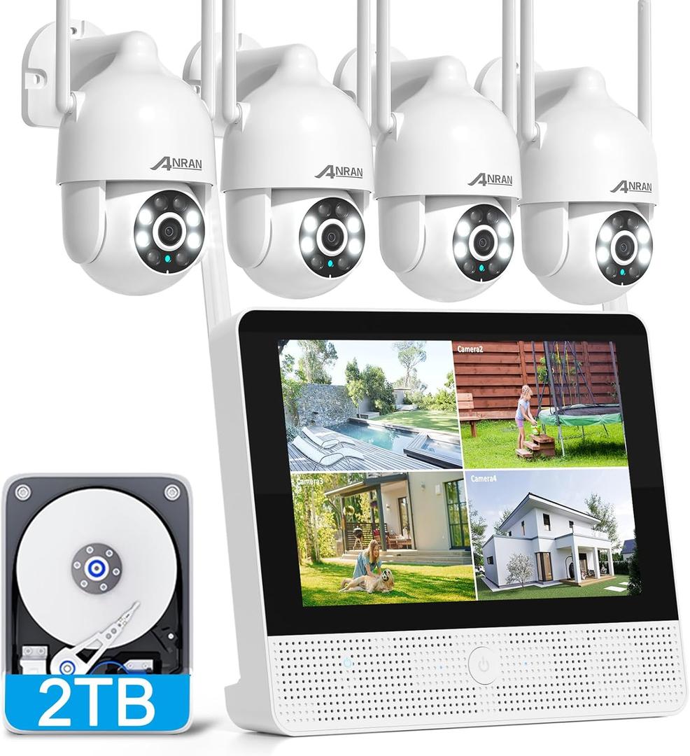 ANRAN Wireless Security Camera System, 10.5" 4K Monitor with 4x5MP PTZ WiFi-6 Camera, Auto-Tracking, 2-Way Audio, Human/Vehicle/Pet/Parcel Detection, 8CH NVR with 2TB HDD, No Monthly Fee