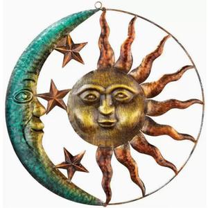 GUAN YANG Metal Sun and Moon Vintage Wall Decor, 46.5x46.5cm Original Design Waterproof Sturdy Easy to Install Boho Celestial Wall Art for Rustic Home Living Room Indoor Outdoor Decor, 18.3"L x 18.3"W