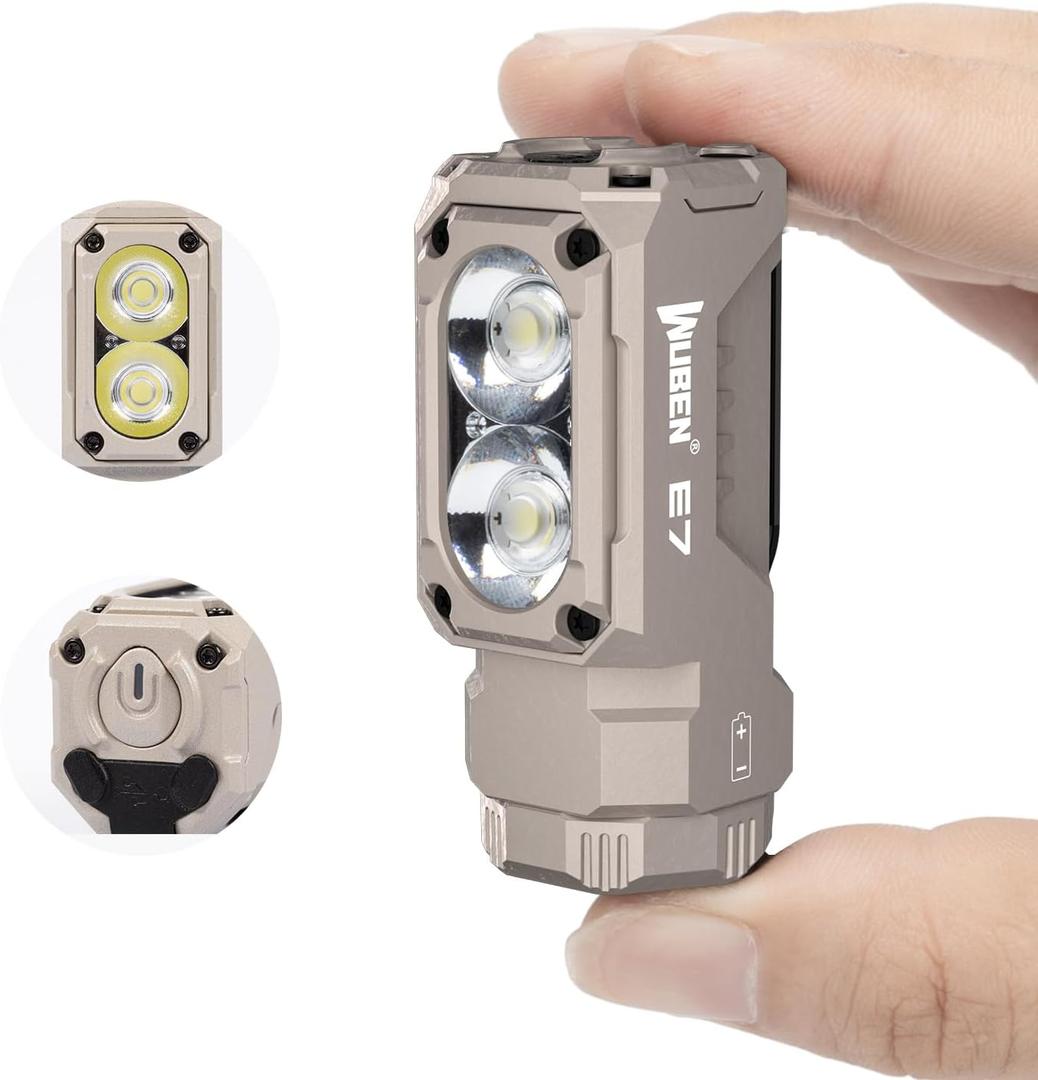 WUBEN E7 1800 Lumen Rechargeable Mini Flashlight with Magnet - Super Bright 6 Modes Khaki EDC Flashlight, Typ-C Rechargeable LED; IP68 Pocket Flashlight for Headlamp Use, Rescue, Camping