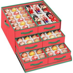 Coonoor 4"-108 Count Christmas Ornaments Storage Box, 16Nutcracker & Figurine Box, Adjustable Holiday Ornament Organizer with 6 Separate Trays (Red)
