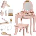 Girls Makeup Table with Mirror and Chair, Kids Toy Dressing Table with Storage Drawer, Pretend Play Baby Vanity Set with 9 pcs Multiple Make up Accessories (Extra)