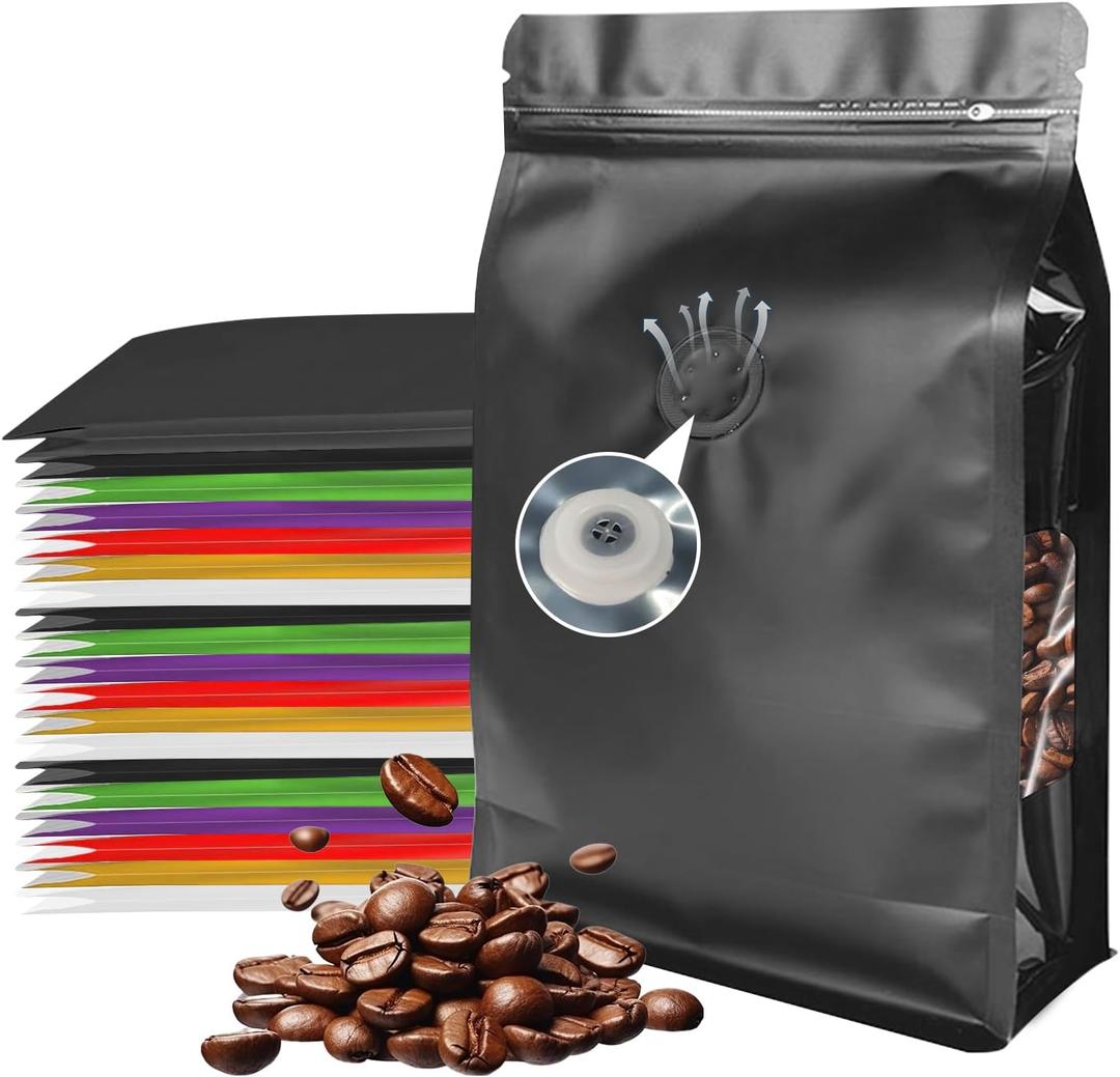 Coffee Bags with Valve, 50pcs Zipper Coffee Bean Storage Bags, Black Aluminum Foil Stand Up Pouches with Window for Home Business (16oz, 1lb)
