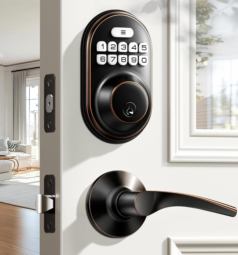Veise Keyless Entry Door Lock with 2 Lever Handles - Electronic Keypad Deadbolt, Auto Lock, Back Lit & Easy Installation Design, Front Door Handle Sets, Oil Rubbed Bronze