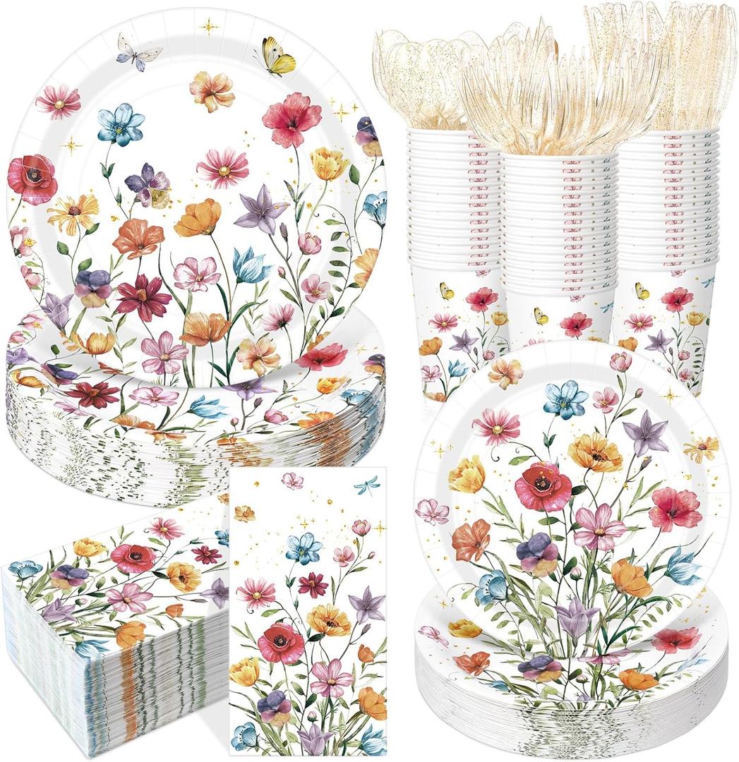 400 Pcs Wild Floral Disposable Paper Plates Napkins Cups Serve 50 Watercolor Floral Tableware Set for Spring Wedding Tea Party Decoration Bridal Shower Baby Shower(Cute Color,Novel Style)