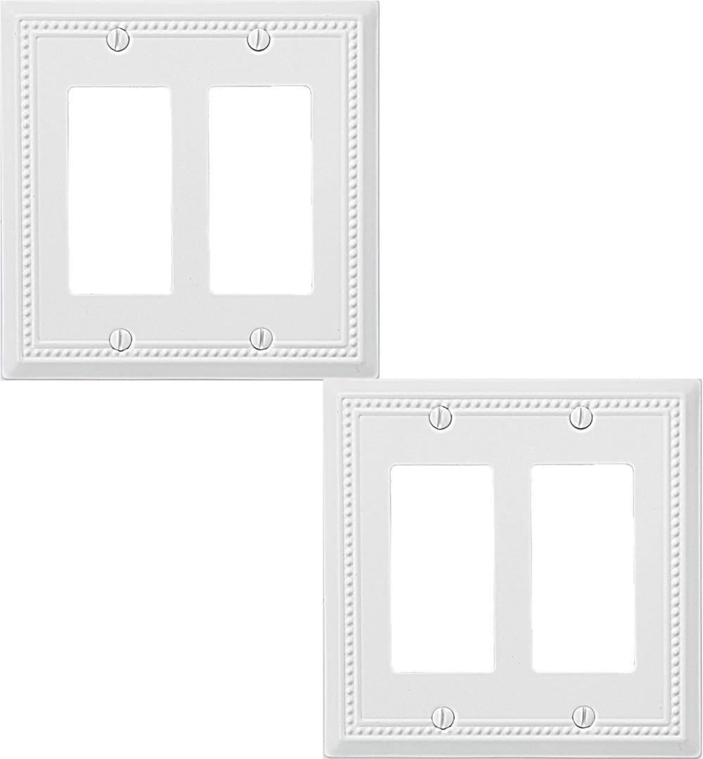 Double Decorator Light Switch Cover Belaire Beaded Metal Wall Plate, 2-Pack White 2 Gang Double Rocker, for Receptacle Dimmer GFCI Outlet Switch Cover Decorative Wallplate, Durable