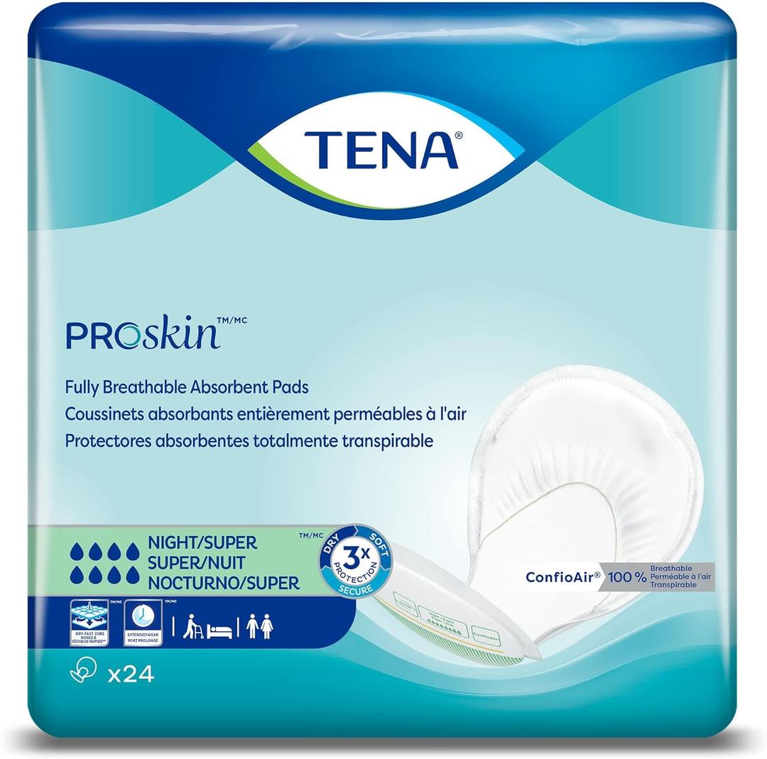TENA ProSkin Night Super Absorbent Pads with Adjustable Tabs, Night Super Absorbency Adult Diapers, (48 Total - 2 Pack) (Super, 10 x 22 Inch)