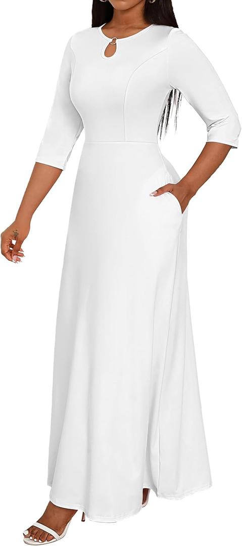 FANDEE Women's Maxi Dress Casual Boho Plain Long Dresses 3/4 Sleeve with Pockets (White)