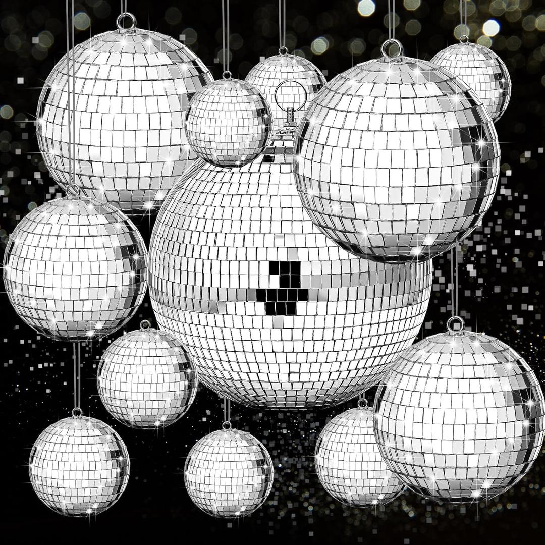 Beeveer 12 Pcs Large Mirror Disco Ball Light Mirror Ball Disco Party Decorations Silver Hanging Sets Reflective Ornament for Christmas Wedding Party Favor(8/5/3/2 Inch)
