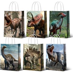 Funrous Dinosaur Gift Party Favor Dino Treat Bags Dinosaur Paper Goodie Bags with Handles Dino Candy Goodie Paper Package for Kids' Birthday Decorations Party Supplies, 8.7 x 6.3 x 3.2 Inch(18 Pcs)