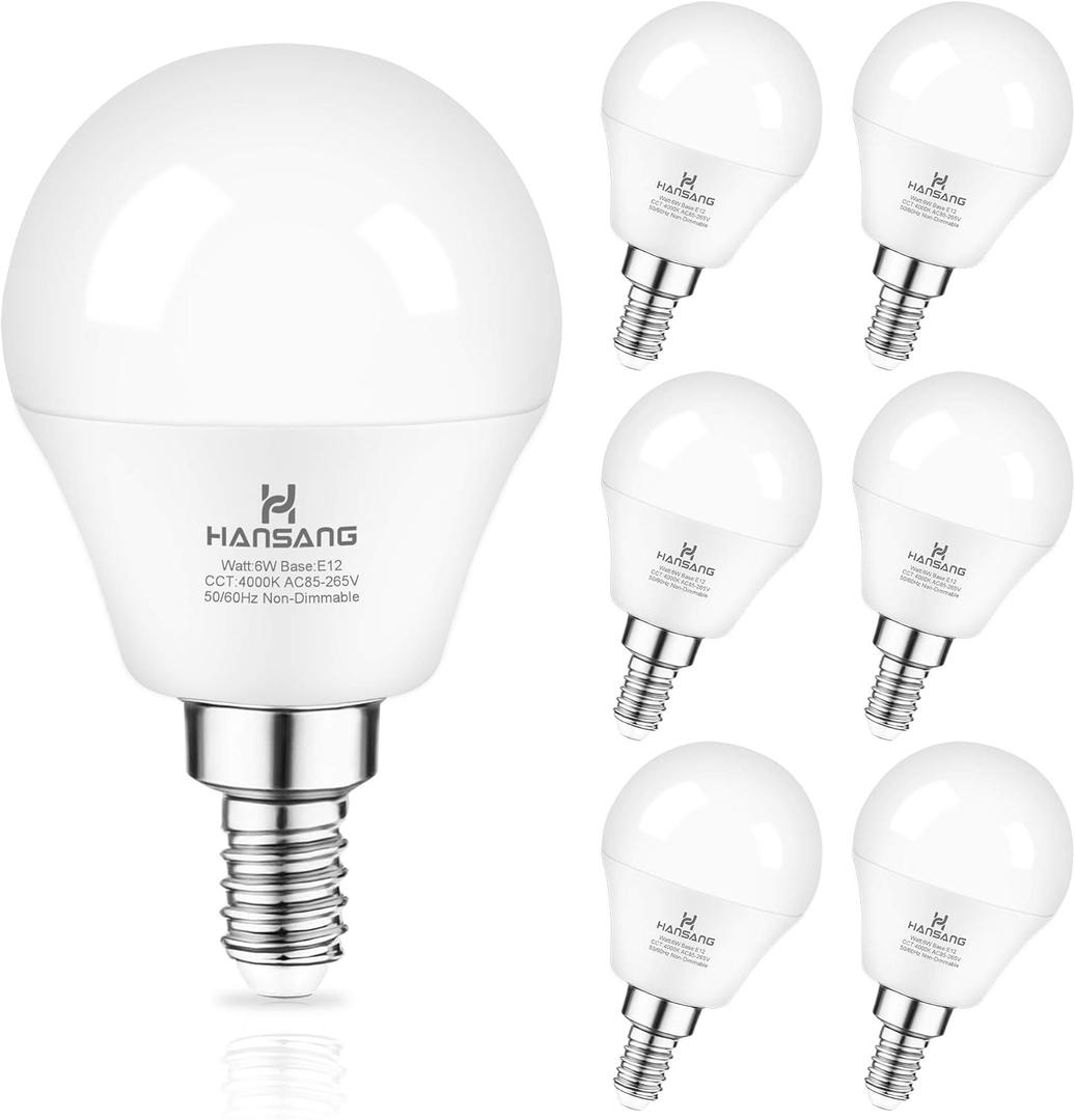 Ceiling Fan Light Bulb E12 LED Bulb 4000K Natural Daylight Candelabra LED bulb 60 Watt Equivalent Hansang Chandelier Light Bulbs A15 Shape Candelabra Base for Ceiling Lights,600LM, Non-Dimmable 6 Pack (6 Count (Pack of 1), Natrual Daylight 4000k)