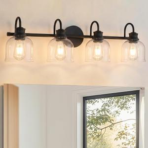 URSOLA 4 Lights 32" Bathroom Vanity Light Fixtures, Matte Black Traditional Classic Vanity Light with Clear Glass, Bathroom Lighting Fixtures Over Mirror
