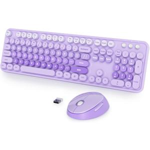Fogruaden Purple Retro Typewriter Keyboard and Mouse Wireless, 2.4GHz Office Full-Sized Colorful Computer Keyboard with Number Pad and Cute Mouse for Windows PC Desktops Laptop