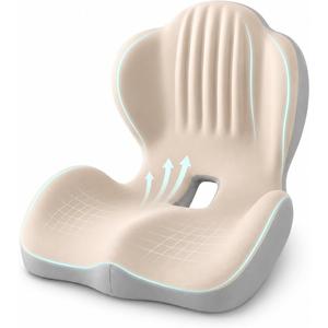 Saker Ergonomic Memory Foam Seat Cushion with Back Support, 2-in-1 Coccyx Cutout Chair Pad for Office, Car, Gaming Chair and Wheelchair, Contoured Lumbar Support for Long Sitting (Beige)