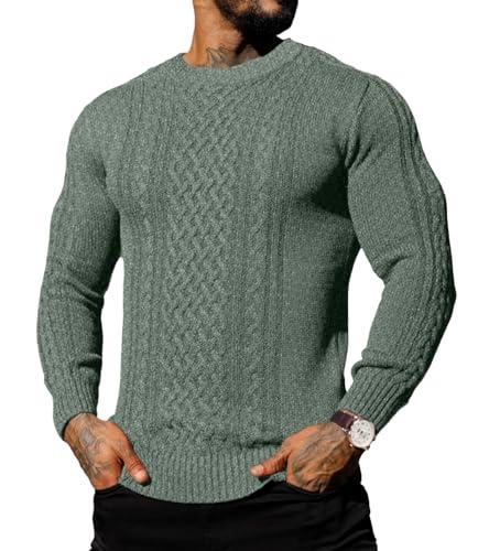 Askdeer Men's Pullover Sweater Fisherman Cable Chunky Knit Crewneck Sweater Winter Casual Knitted Sweaters with Ribbing Edge Green 2XL