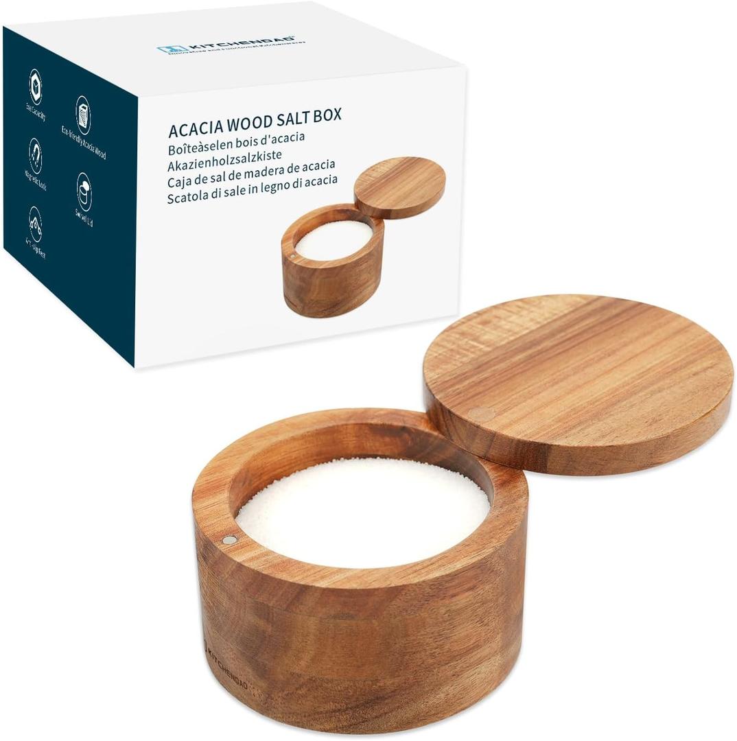 KITCHENDAO Acacia Wood Salt Cellar Bowl Box, Elegant Kitchen Container Holder with Swivel Magnetic Lid to Store Pepper Spice Bath or Favorite Seasonings, 6oz