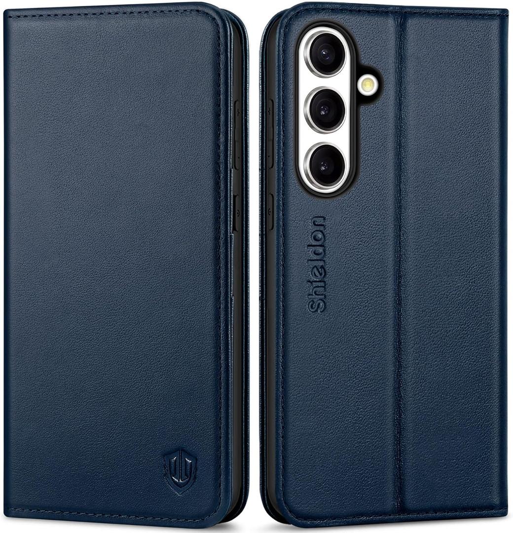 SHIELDON Case for Galaxy S25 FE 6.7" 5G, Genuine Leather Folio Wallet Case Magnetic Kickstand RFID Blocking Card Slots Shockproof Protective Cover Compatible with Galaxy S25 FE 2025 - Navy Blue