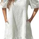 Womens Boho Summer Dresses V Neck Short Sleeve Casual Beach Vacation Dress Women Hem Floral Eyelet with Pocket (L)