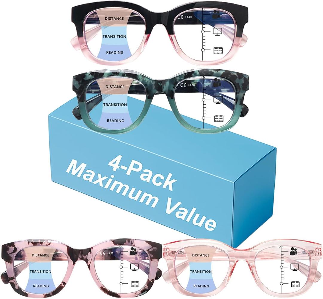Oprah Style Progressive Multifocus Reading Glasses for Women,Blue Light Blocking Computer Readers with Spring Hinge, 4 Pack