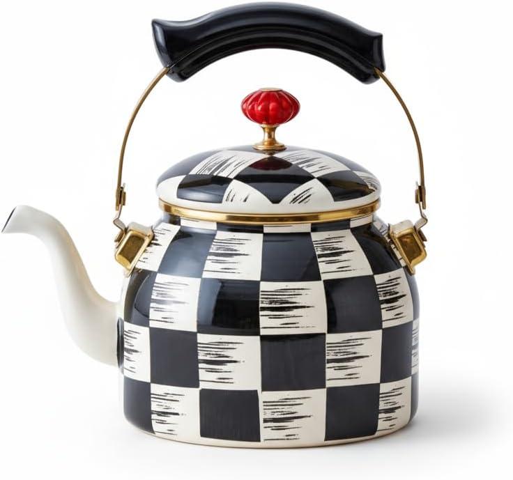 Checkered Tea Kettle with Heat-Resistant Handle, Black and White Pattern - 2.4 qt.