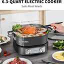 6-Quart Electric Skillet with Grill | Non-Stick PFOA-Free Ceramic-Coated Pot, 1600W, Timer & 3 Power Settings for Steak, Egg, Ramen (Includes Tongs) Pot & Grill