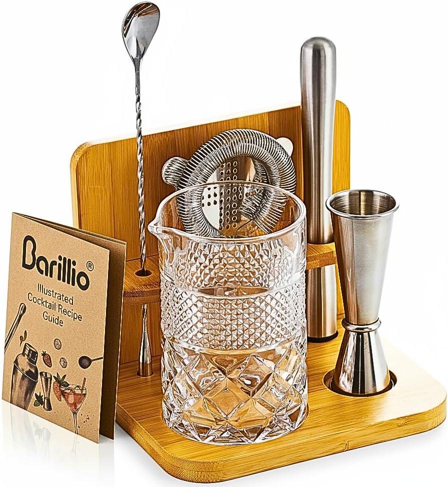 Barillio 24 Oz Crystal Cocktail Mixing Glass with Bamboo Stand & Bar Tools | Seamless Lead-Free Crystal, Weighted Base Stirring Pitcher | Including Muddler, Mixing Spoon, Jigger and Strainer (7-Piece Set (24 oz))