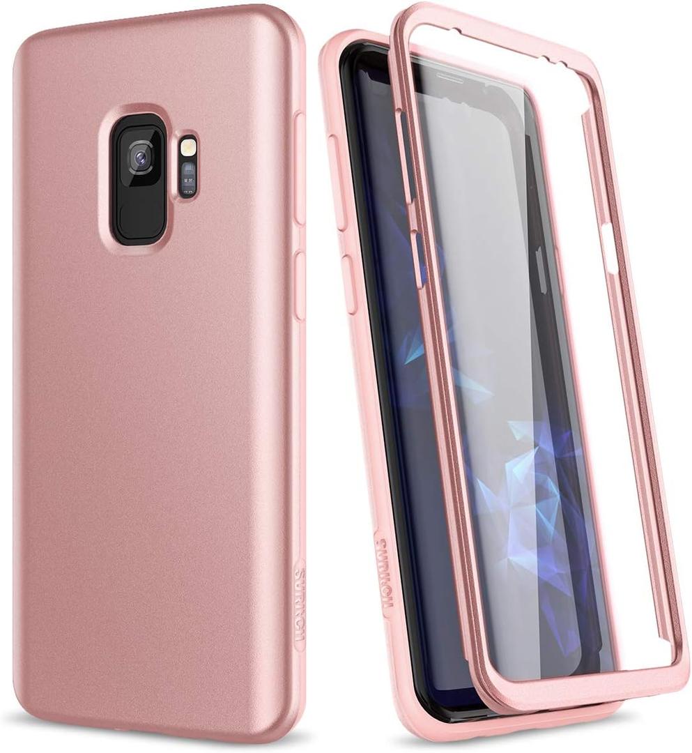 SURITCH Case for Samsung Galaxy S9,Built in Screen ProtectorSupport Wireless Charging Rugged Back Cover Hybrid Bumper 360 Protective Case Matte Shockproof for S9 Case 5.8"(Rose Gold)