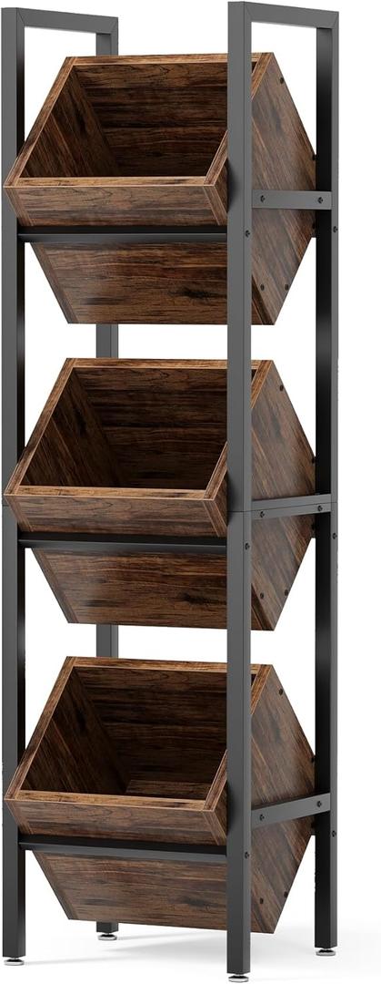 LITTLE TREE 3-Tier Basket Stand, Wooden Floor Stand Shelving Unit, Standing Organizer Storage Rack for Kitchen, Bathroom, Living Room (Rustic)