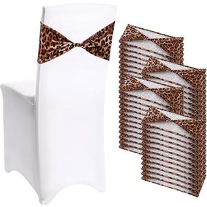 Newwiee 48 Pcs Spandex Chair Bands Animal Print Elastic Chair Sashes Bow Polyester Chair Cover Bands Ties Without Buckle for Animal Safari Jungle Theme Party Birthday Decor (Leopard Print)
