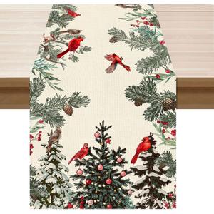 XCHI Cardinal Birds Winter Pine Tree Christmas Xmas Table Runner Table Decoration for Home Kitchen Dining Holiday Decor 13x120 Inch