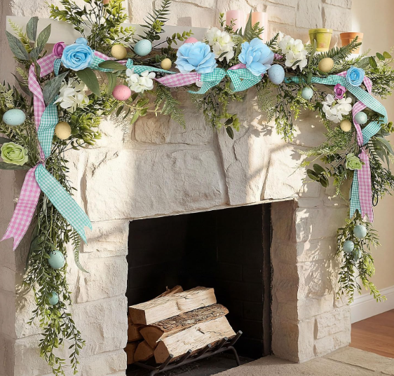 Suncalla 6ft Easter Garland for Mantle Spring Artificial Egg Garland with Flowers Ribbon Easter Pastel Floral Vine String for Fireplace Front Door Kitchen Decoration Table Home Rustic Party Decor