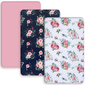 AMROSE 3 Pack Soft Floral Mini Crib Sheets, Microfiber Pack N Play Sheets Set for Baby Girls, Silk Touch Gentle, Fitted for Playard Portable Crib Mattress, Floral Theme AMROSE 3 Pack Soft Floral Mini Crib Sheets, Microfiber Pack N Play Sheets Set for Baby Girls, Silk Touch Gentle, Fitted for Playard Portable Crib Mattress, Floral Theme