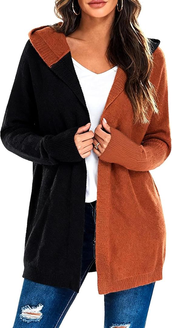 JTANIB Long Cardigan Sweaters for Women, Color Block Open Front Oversized Hooded Knit Cardigan Fall Outfits Winter Coat (M)