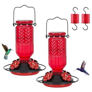 FEED GARDEN Glass Hummingbird Feeder for Outdoors Hanging, 16 OZ Humming Bird Feeders with 4 Bee Guard Feeding Ports & Built-in Ant Moat, Hummingbird Gifts for Mom Bird Feeder for Outside, Red,2 Pack