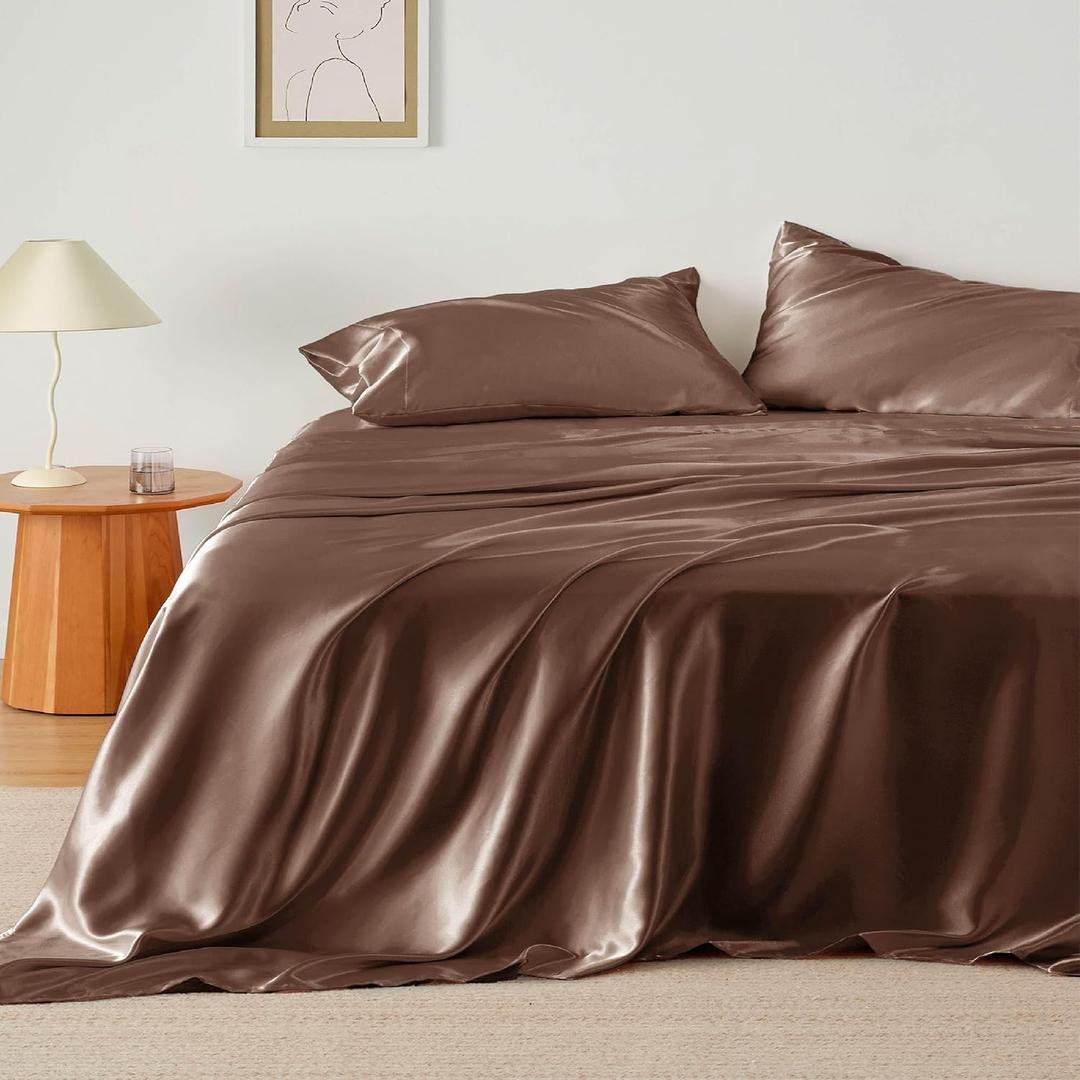 Bedsure Satin Sheets Queen Size - 4 Piece Silky Bedsheets with 15 Inches Deep Pocket Fitted Bedsheet,1 Flat Sheet, 2 Satin Pillowcases, Good for Hair & Skin (Queen, Coffee)