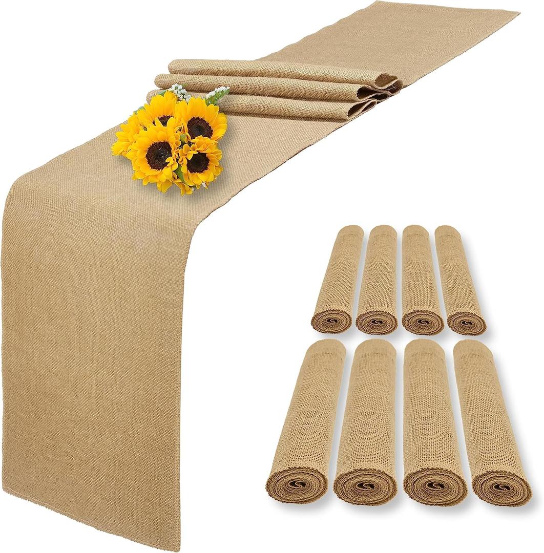8 Pack Natural Burlap Table Runners,12 x 108 Inch Rustic Jute Table Runner and Placemats Bulk for Western Wedding Table Decorations,Farmhouse Style Party,Holiday,Kitchen Coffee Table Decor Cover