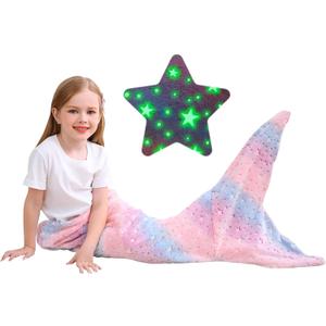 Softan Kids Mermaid Tail Blanket, Glow in The Dark Toddler Mermaid Blanket with Glittering Stars and Rainbow Ombre Fish Scale Design - 17" x 39"
