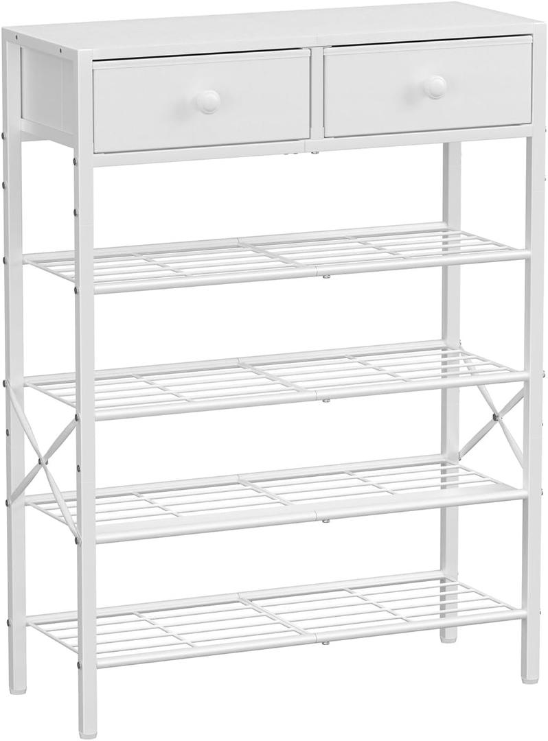 UNITSTAGE Shoe Rack for Entryway, 5 Tier Shoe Organizer with 2 Non-Woven Drawers, Metal Storage Shoe Shelf for 16-20 Pairs of Shoes, with Wooden Top and Steel Frame, Shoe Stand for Closet Greige