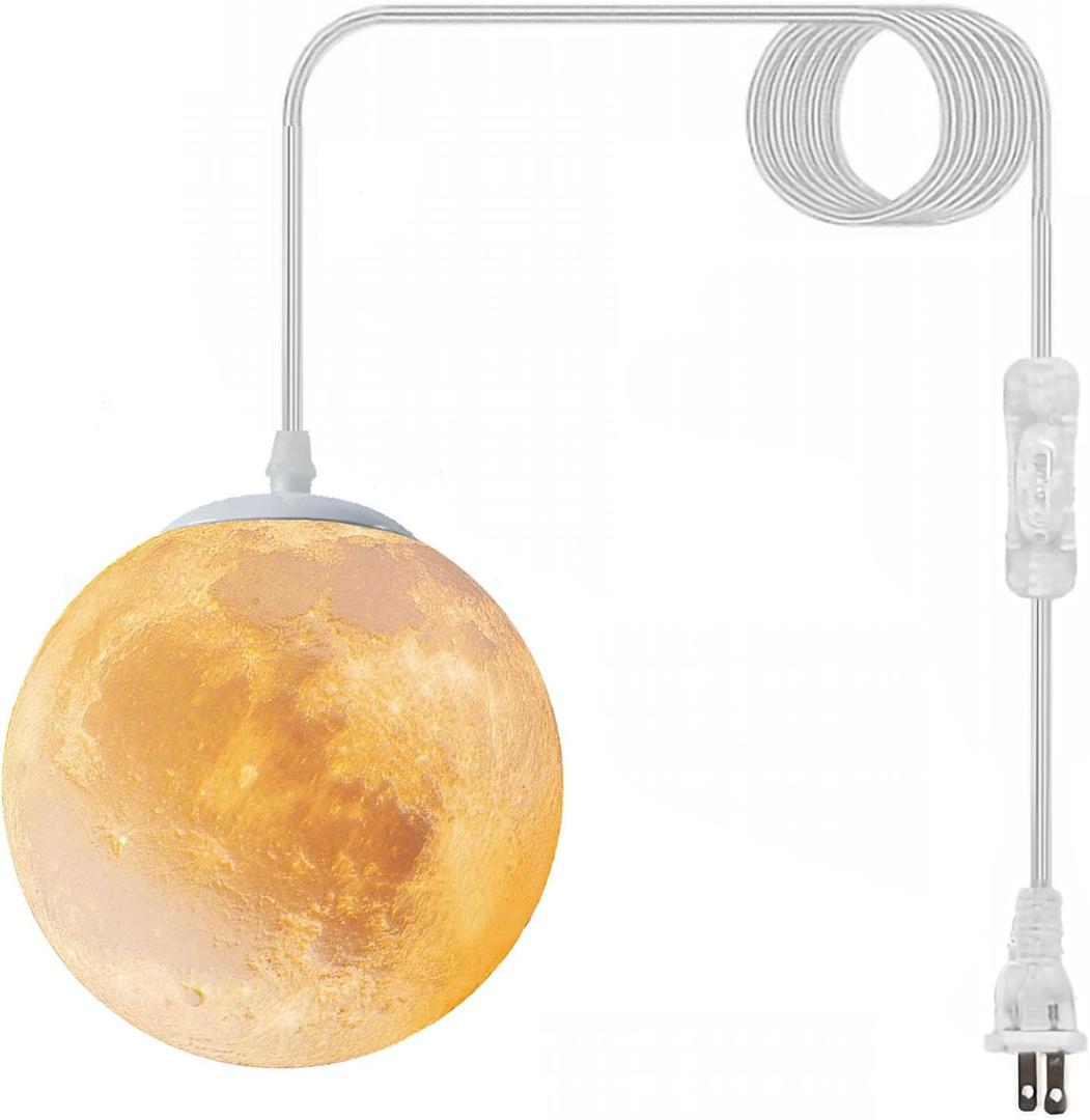 Plug-in Moon Pendant Light, Hanging Lamp with Switch & Cord, 3-Color Dimmable LED Ceiling Lamp for Kids Bedroom or Nursery, White Lunar Night Light (Warm,Neutral,White,LED Bulb Included) (7IN Moon Lamp)