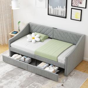Twin Daybed with Upholstered Headboard and Charging Station, Daybed with Trundle, Sofa Day Bed with Strong Supports for Living Room, Bedroom and Guest Room (Grey)