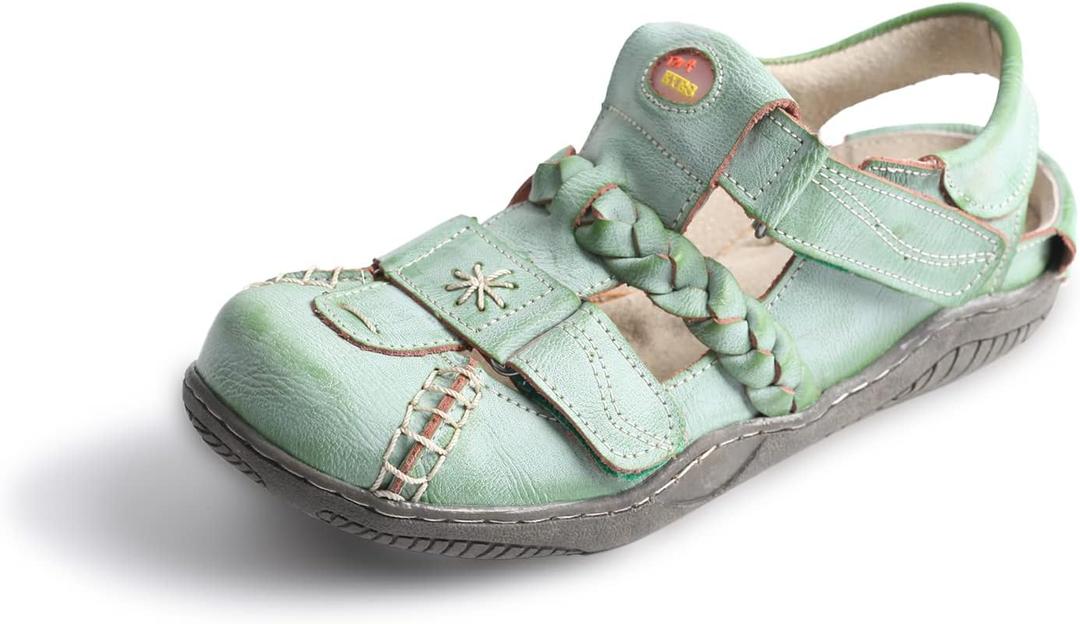 TMA EYES Women's Braided Closed-Toe Leather Sandal (6.5, Green)