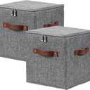 2PCS Storage Cubes with Lid Fabric Storage Bins Boxes PU Leather Handles Cotton Linen Closet Organizer Container Decorative Foldable Washable Shelf Cloth Basket (Zipper Lid, Gray, 11in)